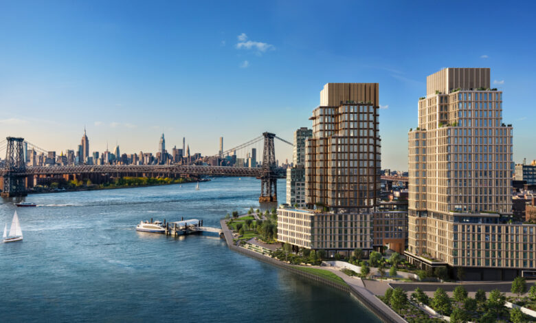 rendering showing waterfront towers