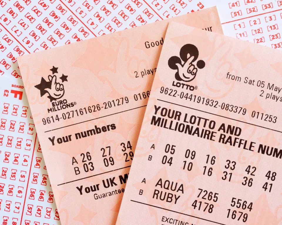 Two lottery tickets with winning numbers visible.