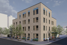 rendering of a light brick multi-story, corner building with bright blue accents