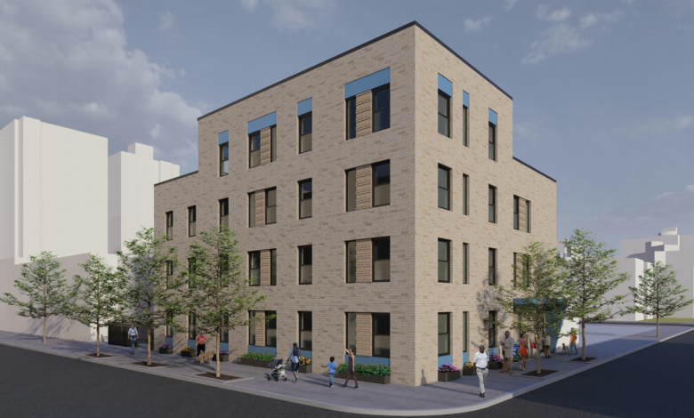 rendering of a light brick multi-story, corner building with bright blue accents