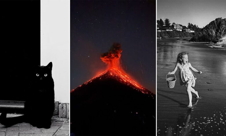 A three-part image: a black cat sits against a black and white background, a volcano erupts at night with glowing lava, and a young girl runs barefoot on a beach carrying a bucket with waves crashing nearby.