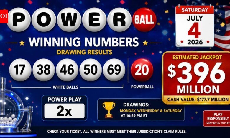 Powerball winning numbers for Saturday, July 4, 2026: Winning numbers, Powerball, Power Play and $396 million jackpot
