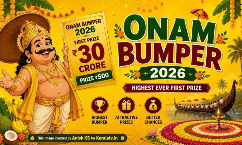 Kerala Thiruvonam Bumper 2026 (BR-102) offers a ₹30 crore first prize. Check ticket price, draw date, prize structure, TV channels and live lottery results.