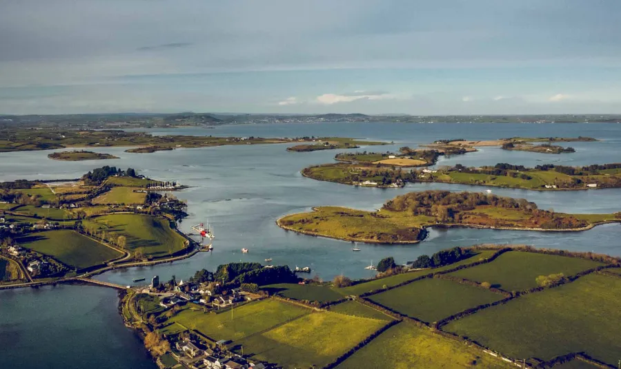 An aerial view of islands on the west coast of Strangford Lough.