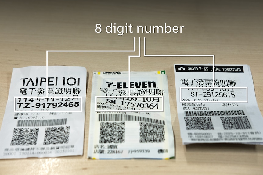 Three sales receipts with 8-digit numbers at the top highlighted are laid out on a timber table.