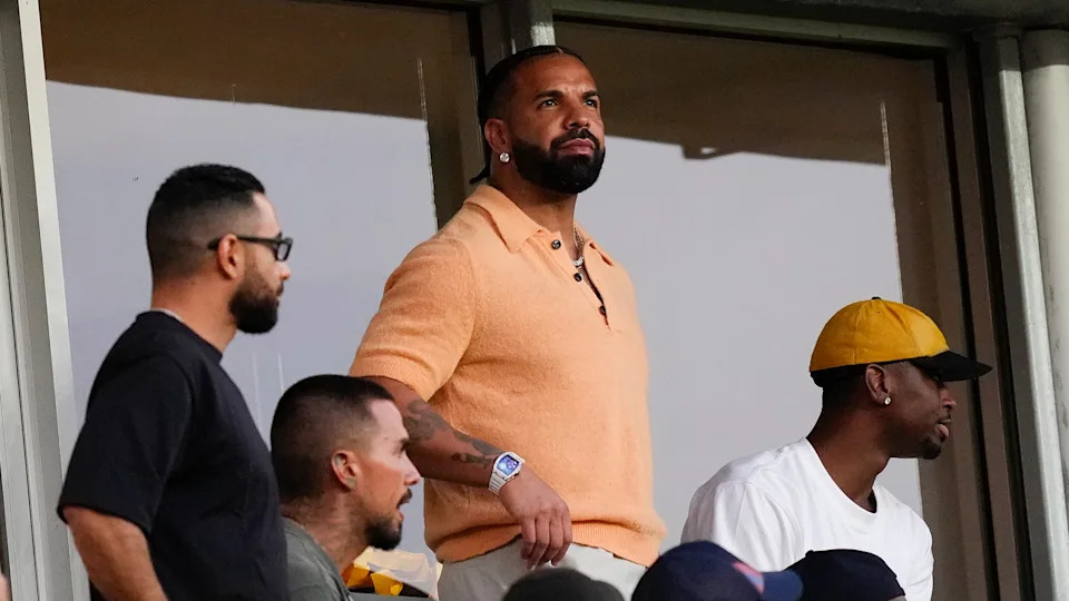 Rapper Drake is seen during the FIFA World Cup 2026 Round Of 32 match between Portugal and Croatia at Toronto Stadium on July 02, 2026 in Toronto, Ontario.