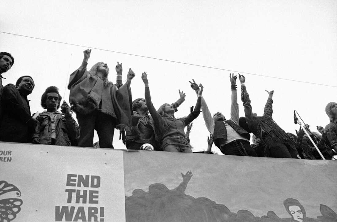 Cast members of the play Hair join activist and SCLC co-founder Rev. Ralph Abernathy (second from left) during an anti-war rally in San Francisco's Golden Gate Park on Nov. 15, 1969.
