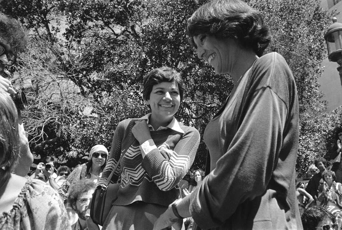 Singer Joan Baez and Avital Sharansky at Sproul Plaza at the University of California campus in Berkeley on July 20, 1978, at a rally for Sharansky, the wife of Soviet dissident Natan Sharansky.